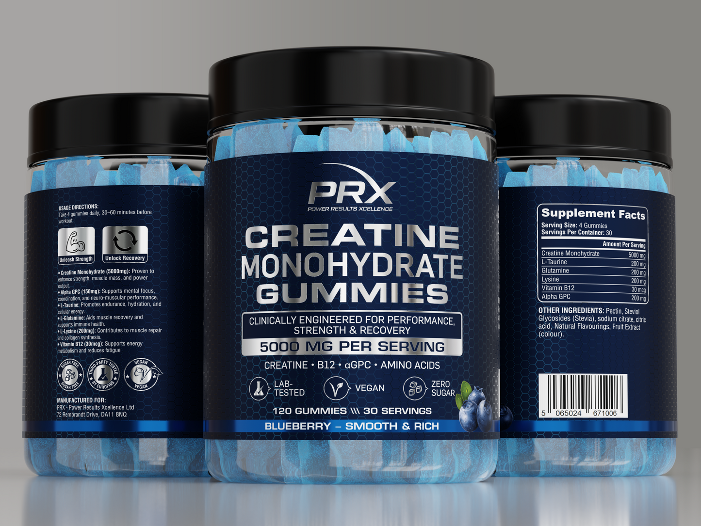 PRX Creatine Gummies – 5000 mg Creatine + B12 + αGPC – Vegan • Zero Sugar • Lab Tested