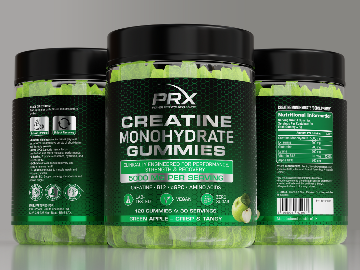 PRX Creatine Gummies – 5000 mg Creatine + B12 + αGPC – Vegan • Zero Sugar • Lab Tested