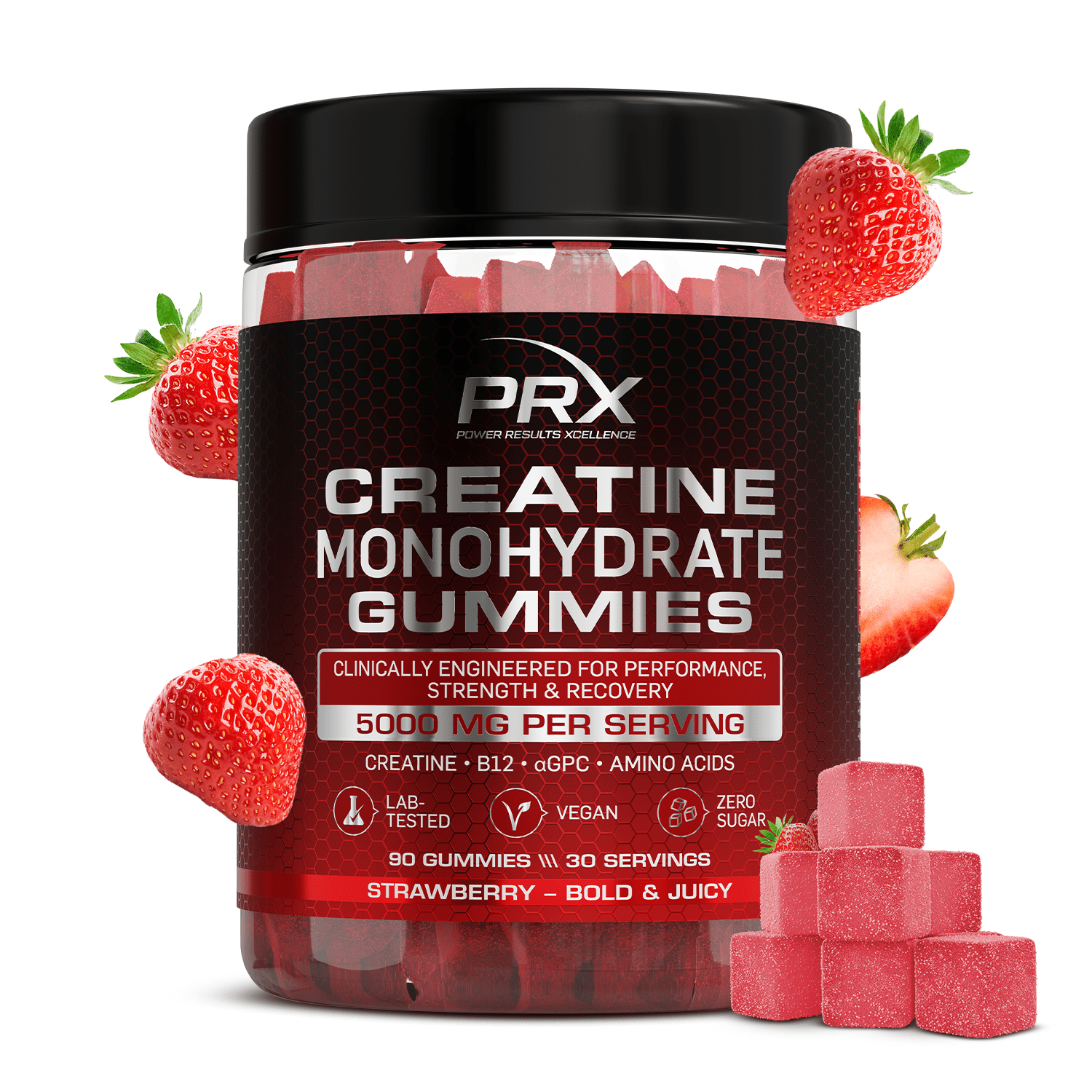 PRX Creatine Gummies (Strwberry) – 5000 mg Creatine + B12 + αGPC – Vegan • Zero Sugar • Lab Tested