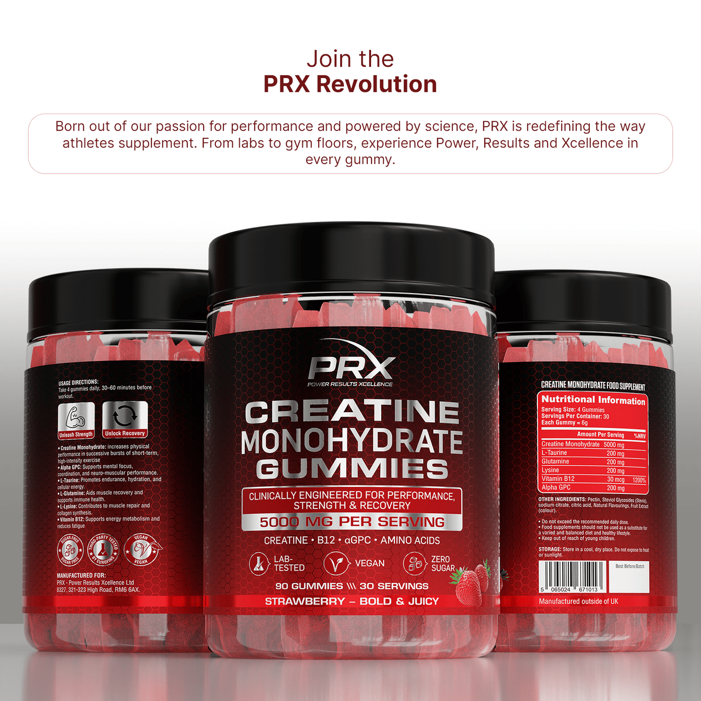 PRX Creatine Gummies – 5000 mg Creatine + B12 + αGPC – Vegan • Zero Sugar • Lab Tested - PRX